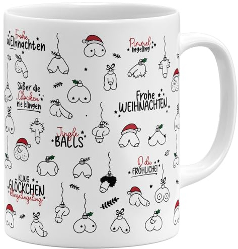 OM3® Lustige Jingle Balls Weihnachts Kaffee-Tasse mit Penisse - Pimmel Tasse Penis-Muster Doodle - Keramik Becher - 325ml - Beidseitig Bedruckt - Weiss