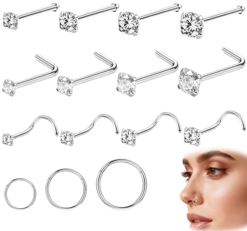 15PCS Silver Nose Studs L Shape, Nose Piercing Jewellery, Thin Nose Rings