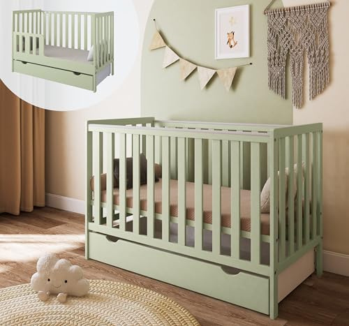 zee Cuna Bebé LUMI 120x60 cm 2 en 1 Convertible en Cama Infantil Verde Menta con Cajón y Barandilla Seguridad Madera de Pino Altura Regulable EN 716