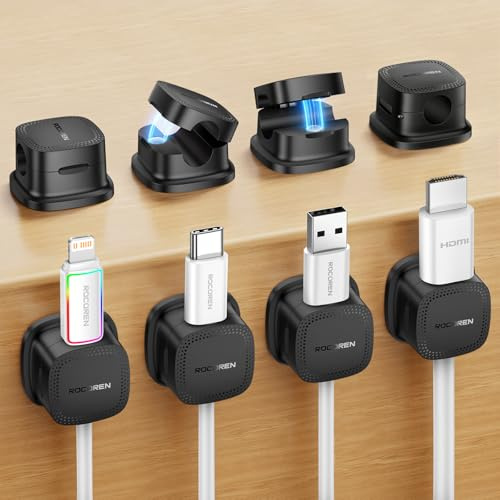 Rocoren Kabelhalter Selbstklebend kabelhalter Starker Magnetisch Kabelmanagement Kabelclips Organizer Holder für Schreibtisch, Nachttisch, Office, Büro, Ladekabel, HDMI, Audiokabel 8 Stück Schwarz