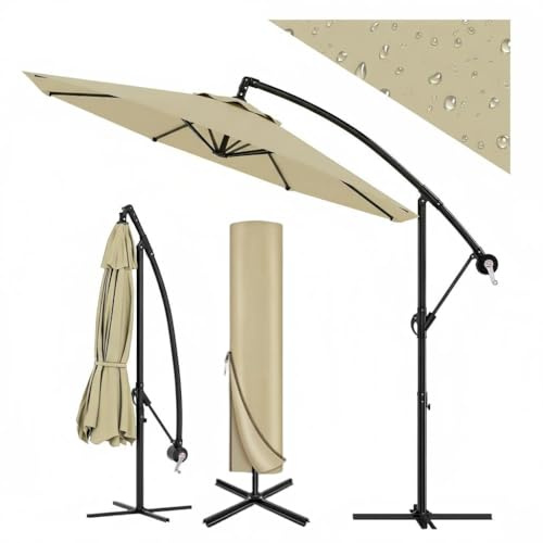 GarveeHome Sonnenschirm Ø 300 cm, Ampelschirm mit Kurbel | Sonnenschirm mit Ständer & Windschutz | Gartenschirm UV-Schutz wasserdicht | Kurbelschirm für Terrasse & Balkon, Khaki