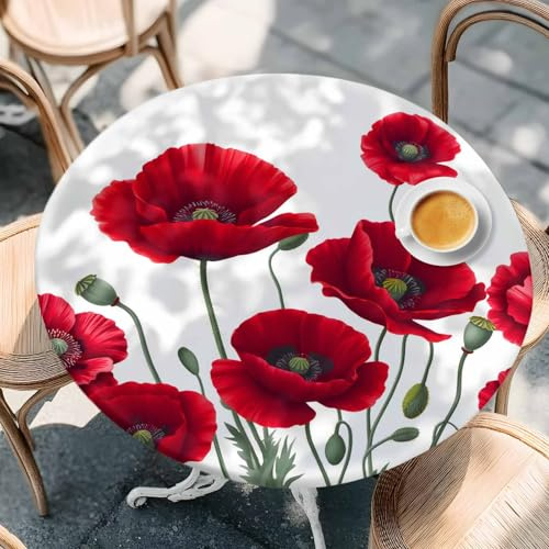 Round Fitted Tablecloth with Elastic Edged, Spring Red Opium Poppy Flower Fitted Circle Tables Cover Wipeable Waterproof Table Cloth for Indoor Outdoor Use Tabletop Decor Summer Watercolor Plant