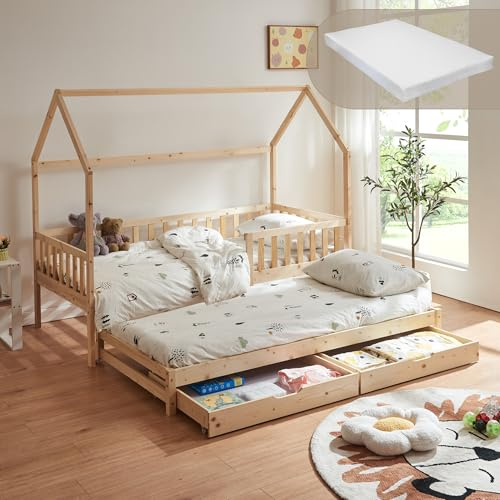 [en.casa] Kinderbett mit Ausziehbett Aarghonmaa Hausbett mit 1 Matratze 90 x 200 cm Holzbett für Kinder Bettgestell inkl. Lattenrost Rausfallschutz und 2 Schubladen Kiefernholz Natur
