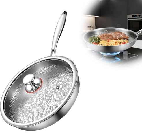 Takakies Sarten Mireve Acero 304, Sartén De Titanio Puro Antiadherente Con Estructura Tricapa, Ultrarresistente Y Fácil De Limpiar, Cocina Segura Para Inducción/Gas/Eléctrico/Vitro (26cm, Con tapa)