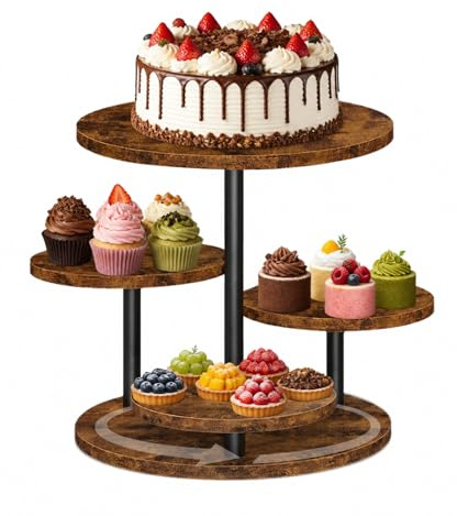 4-Etagen Kuchenständer aus Holz, 360° Drehbar, Stabil & Platzsparend | Tortenplatte Drehbar Ø ca. 30 cm, Zerlegbar für Cupcakes, Donuts & Kekse, Etagere Holz für Hochzeit, Geburtstag & Party