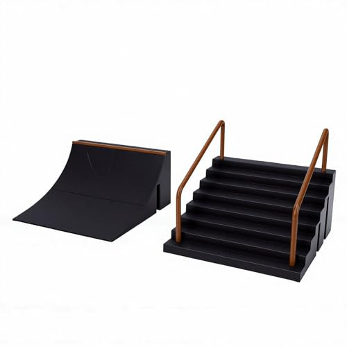 Alomejor Fingerboard-Skate-Set, 2-teilig, Kunststoff-Fingerboard-Rampen mit Double-Kick-Concave-Deck für Anfänger, Jugendliche und Erwachsene, Farbe: Schwarz, 14,5 X 7,7 X 15 cm