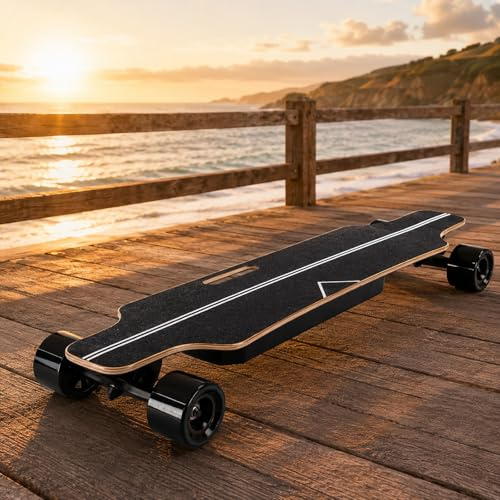 vnmudzeo Elektro Longboard 33 Zoll - Elektrisches Skateboard mit 350W Nabenmotor, 4 Geschwindigkeiten, Kabelloser Fernbedienung, für Anfänger