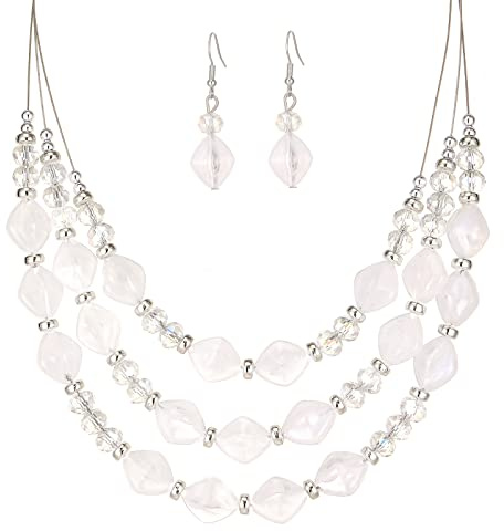 FULU AUTUMN Ensemble Collier Multirang et Boucles d'oreilles en Résine à Grosses Perles - Parure Bijoux Fantaisie Cadeau Mode pour Femme(White)