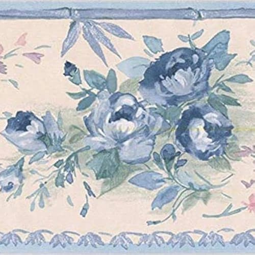 CONCORD WALLCOVERINGS ™ Elegant Blue Roses Wallpaper Border Featuring Vintage Flowers Colors, Blue Purple and Beige, Size 4.25 Inches by 15 Feet SA75781