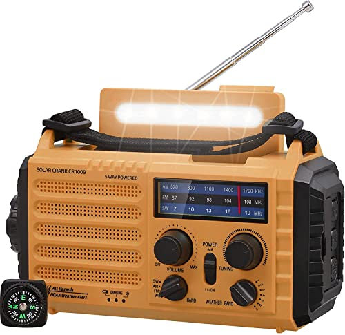 Mesqool Wind Up Radio, Hand Crank Solar Radio with Torch/Flashlight and Reading Lamp, 5000 mAh Portable AM/FM Radio with USB Phone Charger, Rechargeable Emergency Radio with SOS Alarm and Compass