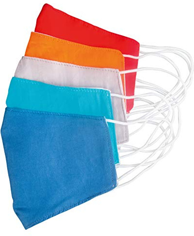 Rayher 52028999 Mund-Nasen-Maske mit Elastikbändern, 2-lagig, 5 Stück, farblich sortiert, 2 Schichten hochwertiger 100% Baumwollstoff, wiederverwendbar, waschbar bis 60°, Alltagsmasken, Behelfsmasken