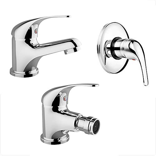 Set rubinetteria Bagno lavabo Bidet Doccia Serie Italia, in Ottone Cromato, Completo di piletta e Corpo Incassato a Muro