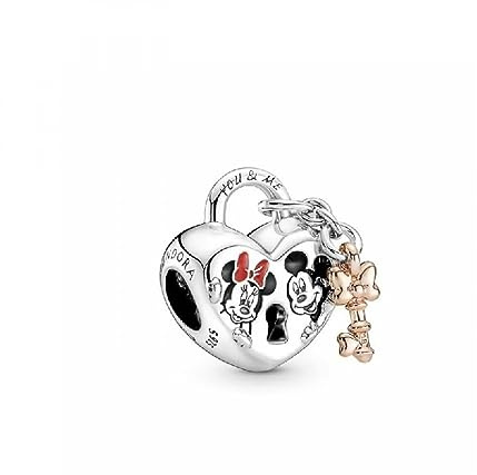 PANDORA Disney Ciondolo a forma di cuore con chiave e lucchetto con Minnie e Topolino in argento Sterling e placcato in oro rosa 14k con smalto rosso, bianco e nero