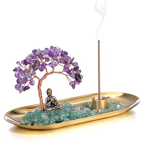 JOVIVI Portaincenso Bastoncino Soprammobile con Albero della Vita in Chakra Pietre, Bruciatore Incenso Ceneri con Statua di Buddha Piccola, Ornamento Decorativo Interni Casa Reiki Guarigione-Ametista