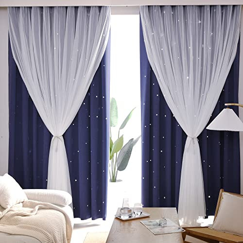 Kinryb Dekorative Kindervorhänge, Stern-Ausschnitt-Vorhänge, doppellagig, wärmeisoliert, stilvoll, für Jungen, Kinderzimmer, 2 Stück, mit Raffhaltern, Marineblau, 42W x 72L