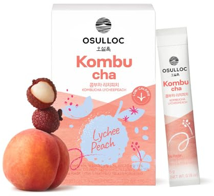 Osulloc Kombucha Tea LycheePeach (Lychee & Peach Blending), Sparkling Powdered Mix Beverage, No added sugar, 10 Sticks, 1.76oz