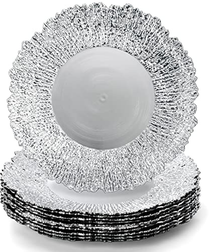 Coloch Set of 12 Plastic Charger Plates, 13 Reusable Reef Serving Chargers for Dinner Plate Round Shiny Decorative Charger Plate for Wedding, Catering, Parties, Restaurant, Home Dinner Use (Silver)
