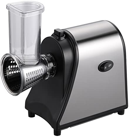 Cortador de Verduras Eléctrico de acero Inoxidable, Rallador de queso, 250 W, Rallador de cocina, Picadora de Verduras con 5 Tambores de corte para Patatas, zZanahorias, cebollas, plateado y negro