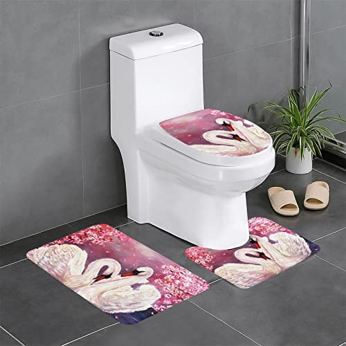 ROOZEE Weiße Schwäne mit rosa Blumenbaum, Flanell, rutschfest, 3-teiliges Set, dekoratives Badematten-Set, Badezimmerteppich + U-förmiger Kontur-WC-Vorleger + O-förmiger Toilettensitzbezug