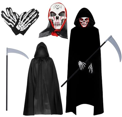 Huahuanghui Sensenmann Kostüm Halloween, Halloween Umhang Set, Halloween Kostüm Sensenmann, Schwarzer Sensenmann Umhang, Sensenmann Verkleidung mit Schädelmaske,Sense,Handschuhen, Unisex Cape 140 cm