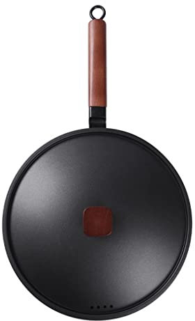 BONOOL Gusseisen-Wok-Antihaftpfannen für die Küche, Spiegelei, Steak, Grillpfanne, Buchenholzgriff mit Deckel, Kochgeschirr