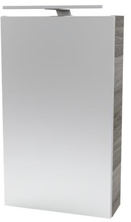 FACKELMANN Luxor Spiegelschrank mit LED-Beleuchtung – Alibertschrank für Bad und Gäste-WC (40 x 68 x 15,3 cm) – SBC Badschrank mit Spiegel in Holz Grau – Tür rechts