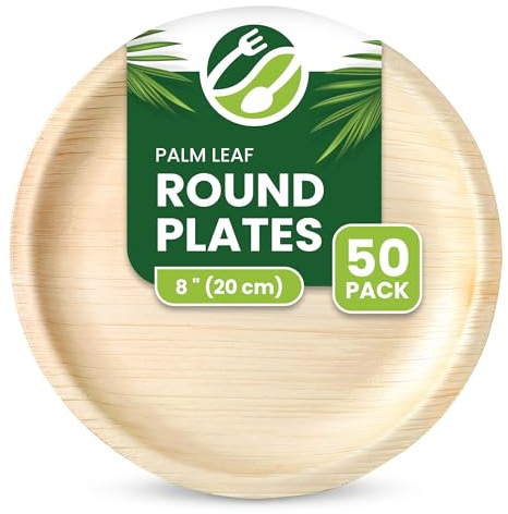 ECO Leaf 50 Disposable Palm Leaf Plates | 8”(20cm) Round Compostable Dinner Plates | Eco-Friendly, Biodegradable Heavy-Duty Plate for Wedding, Party and Picnic |Microwave and Oven Safe