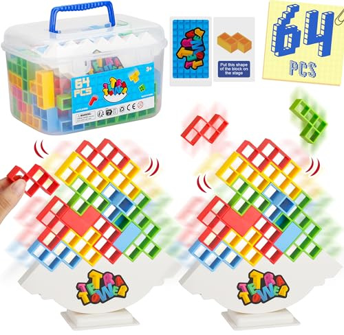 WOWNOVA 64PCS Deluxe Tetra Tower Game for Family Game Night, Balance Stacking Blocks Tower Board Game for Fun Party Games, Stacking Game for Kids & Adults, with Prize Wheel&Cute Clear Storage Box