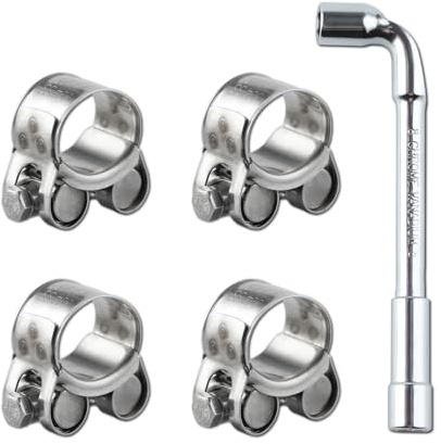 LEONTOOL 4 PCS 23-25mm Range T-Bolt Hose Clamps, Heavy Duty Adjustable Pipe Clamps with Wrench, 304 Stainless Steel Turbo Pipe Clamps for Automotive Intercooler Radiator Heater High Pressure Hose
