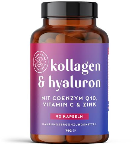 Hyaluron Kollagen Komplex | 90 Kapseln | Hochdosiert mit CoQ10, Hyaluronsäure, Vitamin C, D, A, Zink & Magnesium | Hyaluron Collagen | für Haut, Haare, Nägel, Knochen und Gelenke | Alpha Foods