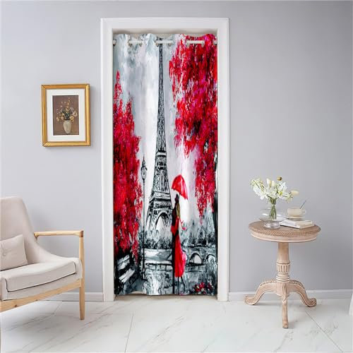 Odot Paris Streets Eiffel Tower Door Curtain with Eyelet, Blackout Thermal Partition Curtain Drop 1 Panel Home Decorative for Closet Doorway Window Living Room Bedroom (70.8x.78.7,Red)