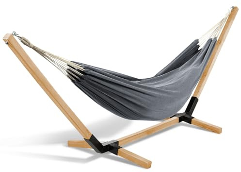 IDMarket - Hamaca con soporte de madera y tela gris antracita TAHITI