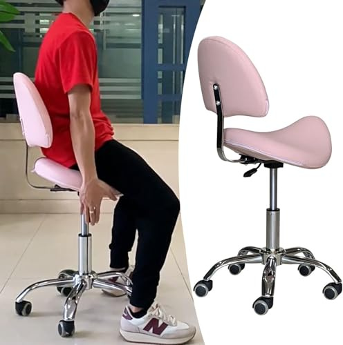 NUNETH Sattelhocker Rosafarbener Sattelstuhl mit Rückenlehne, Ergonomischer Rollsattelsitzhocker Verstellbar, Hebe- und Drehstuhl für Den Zahnarzt-, Büro-, Kosmetik- und Laborbereich