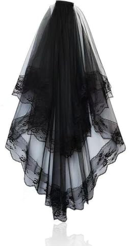 SCJJZ Schwarzes Spitzenhochzeitskleid, Gothic-Schleier für Damen 2-lagig, bestickter Schleier mit Kamm