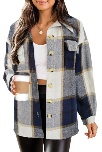 HOTOUCH Women Long Sleeve Plaid Flannel Shacket Coat Blue