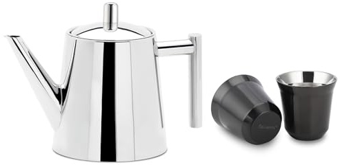 Easyworkz Stainless Steel Teapot With Removeable Infuser 50 oz (1500ml), Bundled with Easyworkz Stainless Steel Espresso Cup 2pcs Set Double Wall Insulated Metal Demitasse Cups 5 oz