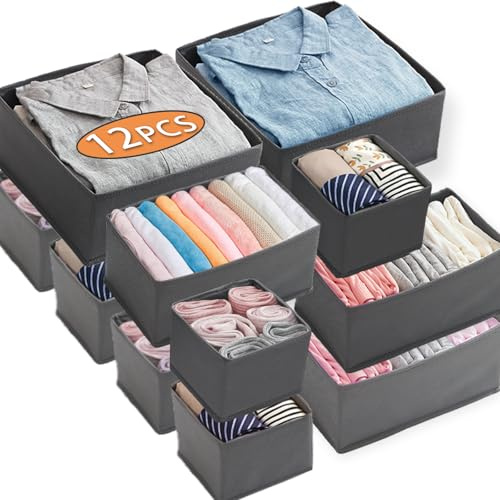 Kinyoda 12er Schubladen Ordnungssystem Kleiderschrank Organizer, faltbar Aufbewahrungsbox Schrank, Schubladen-Organizer, Stoffboxen Aufbewahrung für BHs, Socken, Krawatten, Schlafzimmer, Küche(Grau)