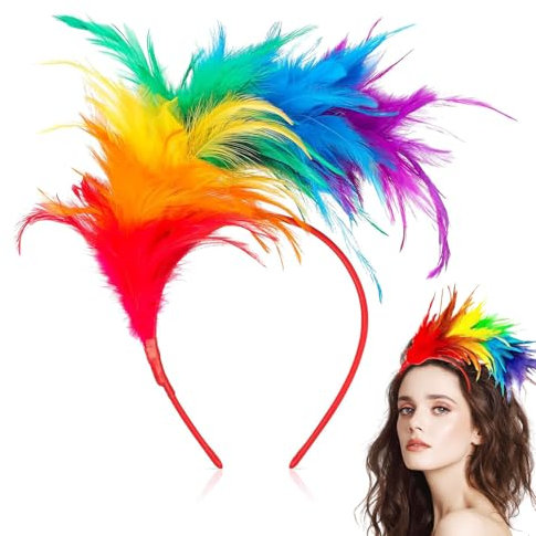 JIEBAO Bunt Feder Stirnband, Regenbogen Feder Haarreif, Kopfschmuck Regenbogen Feder, Bunt Feder Stirnband Fascinator, Haarreif Feder Kopfbedeckung, Papagei Kostüm für Karneval Cosplay Hochzeit Party