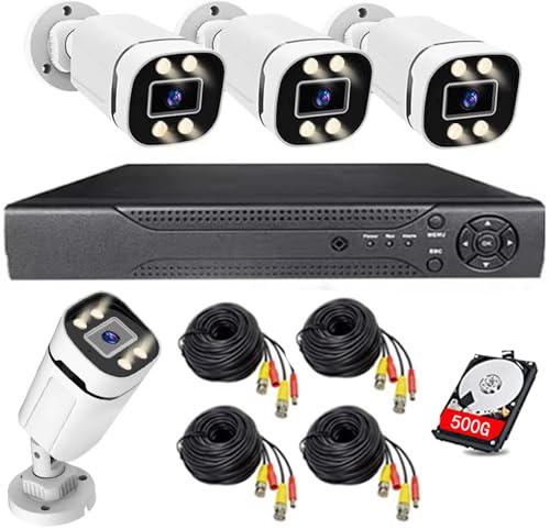 Home Security System 4Ch DVR Kits with 4pcs 1080P Waterproof Bullet Analog AHD TVI CVI Camera 3MP Lens Color Night Vision Outdoor Surveillance Wired CCTV Set (Include 500GB HDD) 24/7 Recording