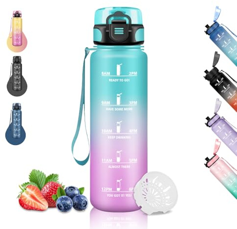 Borraccia 1 Litro, Borraccia Motivazionale Senza Perdite, Borraccie Sportiva con Scala Temporale, Borraccie per Bere di Piu, Facile da Pulire, Borracce per Corsa, Trekking, Yoga, Ciclismo, Verde-Rosa