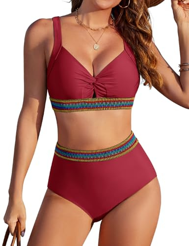 Vijamiy Bikinis Mujer Braga Alta Traje de Baño Push Up Sexy Swimwear Cuello en V Bañador Vientre Plano Tankini Vikini Reductores(Rojo,M)