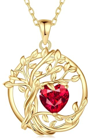FANCIME Collier Pendentif Arbre de Vie Femme, Pendentif Arbre Plaqué Or 14K avec Pierres de Rubis, Bijou Cadeau Anniversaire pour Elle, Longueur de Chaîne : 40+5 cm
