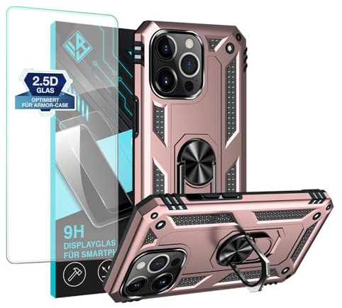 LBH Outdoor Hülle für Apple iPhone 13 Pro Max mit Displayglas Armor Militär Stoßfest Handyhülle 360 Grad Metal Ring Halter Ständer Schutzhülle für Handyhalterung Auto Magnet Silber