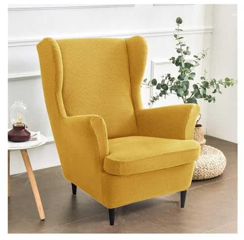 ABZDUNG 2-Pezzi Copripoltrona con Orecchie Elasticizzato, Tinta unita jacquard Addensare Strandmon Copridivano da 1 Posto con Fodera per Cuscino, Lavabile, per Soggiorno Camera(Giallo)