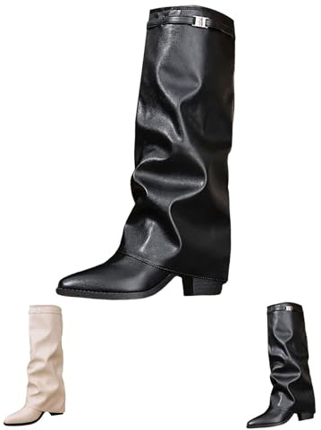 25lyp88_02_Black Fold Over Slouchy Knee high Boots Women Faux Suede Leather 6.5cm Chunky Block High Heel Round Toe Pull on Riding Biker Boots Western Style Long Shoes Dress Tall Boot Footwear UK 5