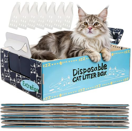 Hiceeden 8 Pcs Disposable Litter Box for Cats, 16.9 x 12.4 x 5.4 Travel Cat Litter Boxes with Disposable Scoops, Portable Cardboard Litter Box with Double Waterproof Coating, Blue