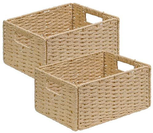 Set med 2 Förvaringskorgar, Aluusy Handflätad Förvaringskorg Tillverkad av Naturliga Material, Vikbar Förvaringskorg med Handtag för Kök Badrum Vardagsrum (2 Vattenhyacintpapper träfärg M)