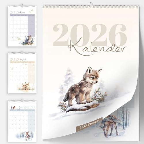 Kalender väggkalender månadskalender 2026 i A4 Aqaurell skogsdjur med personbilar helgdagar och semesterplanering/semesteröversikt gott om plats att beskriva månader familjer barn planerare 21 x 30 cm