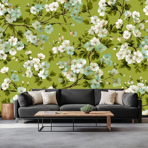 Fotomurale Soggiorno 250 x 175 cm Carta da parati Fogli Stile Retrò, Fotomurali in Tnt Murale Decorazione da Muro Pianta Verde Chiaro Fiore Bianco Poster Design Cameretta Carta per pareti