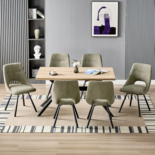 WAFTING Esstisch und Stuhlset, rechteckiger Esstisch aus Holz, 140 x 80 x 76 cm und 6 Moderne Stühle aus Kunstkaschmir mit durchbrochenem Design, für Esszimmer, Küche, Wohnzimmer,Graubraun